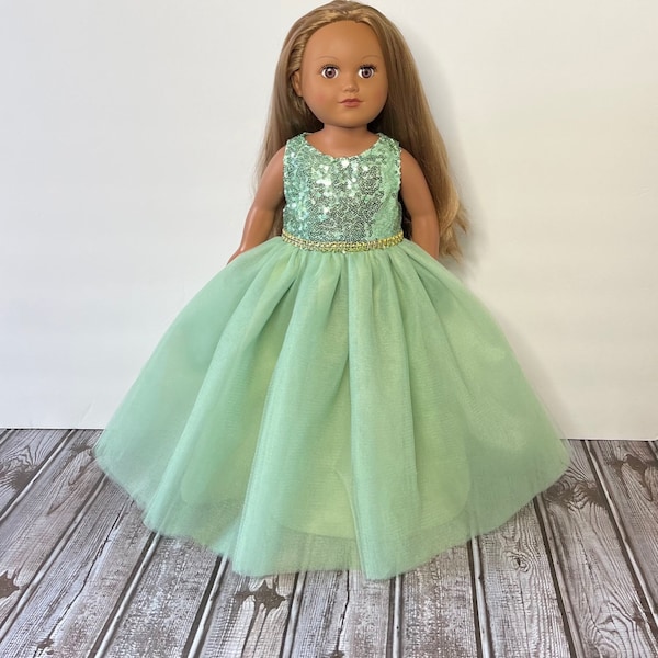 Quinceañera Sage Sequin and Tulle Doll Gown Handmade For American Dolls & Other 18in Dolls. Best Gift