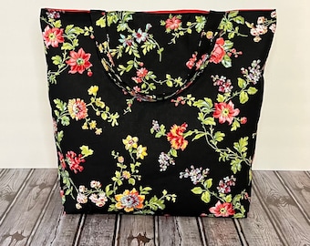 Eco-Friendly Large Black With Red Flowers Grocery Shopping Market Bag. Earth & Environmentally Friendly Handmade Gifts