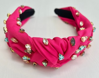 Jeweled Headband, Crystal Headband, Pink Headband, top knot headband, knotted headband, knot headband, wide headband, twist headband