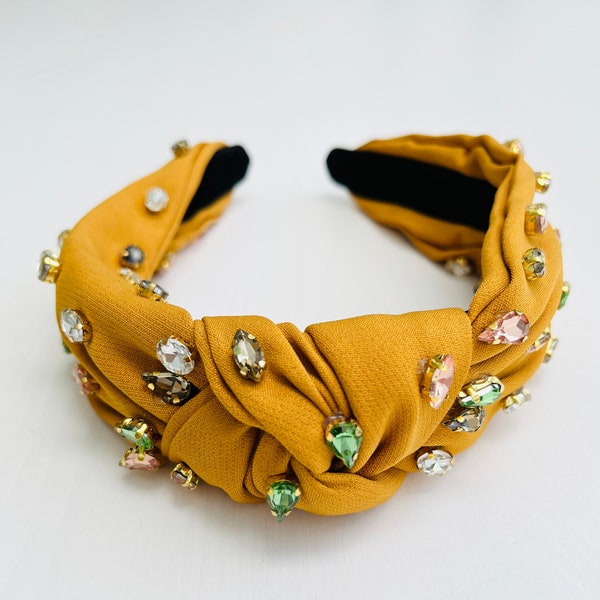 Jeweled headband, crystal headband, yellow headband, top knot headband, knotted headband, knot headband, wide headband, twist headband