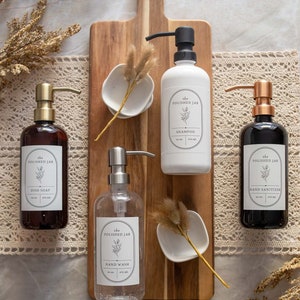 Plastic Soap Dispenser Bottle | French Modern Collection with Waterproof Label | Choice of Soap, Bottle Color & Metal Pump Color