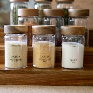 Single Glass Spice Jar with Text Printed Directly onto the Jar | Acacia Wood Lid|6.4 oz Airtight Kitchen Storage Container | Dual Shaker Top
