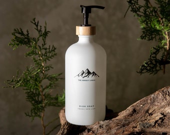 Mountain Glass Soap Dispenser with Waterproof Text Printed Directly onto the Bottle | Customized & Printed in Mountain Alpine Collection