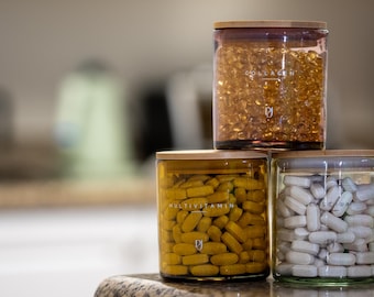Handblown Glass Vitamin & Supplement Jar – 12 oz Recycled Glass with Bamboo Lid | Wellness Storage Container