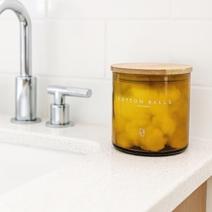 Handmade Glass Bathroom Jar for Organization | Handblown in Mexico | Waterproof Text Printed on the Jar|Cotton Balls,Face Cream,Bath Salts