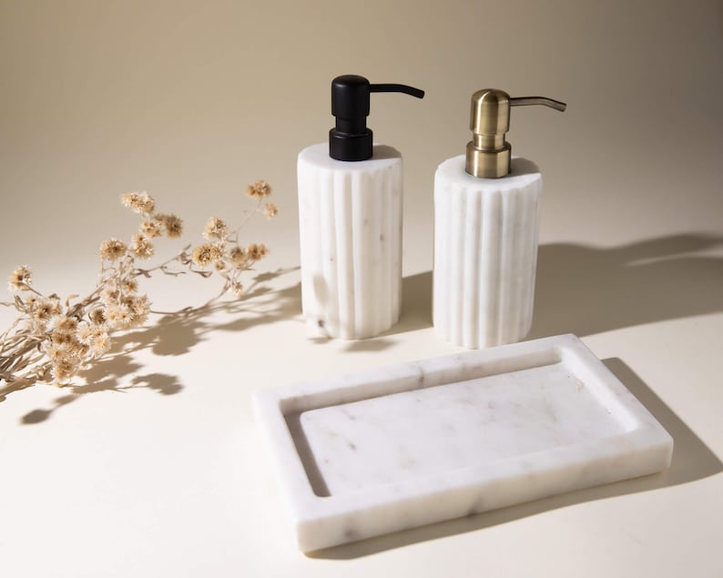 Marble Lyra Soap Dispenser in Off White | Your Choice of Metal Pump | Kitchen Dispenser | Bathroom Dispenser image 2