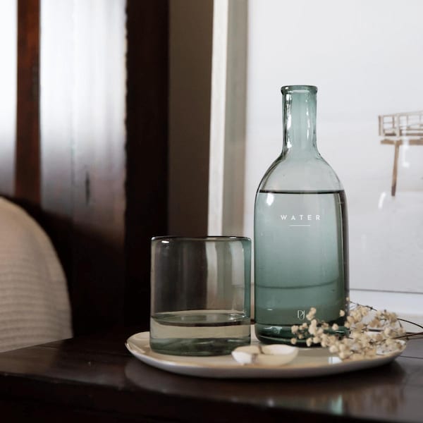 Handblown Glass Carafe and Cup Set | Recycled Bedside Water Carafe | Sustainable Nightstand Glass Bottle | Artisan Made in Mexico
