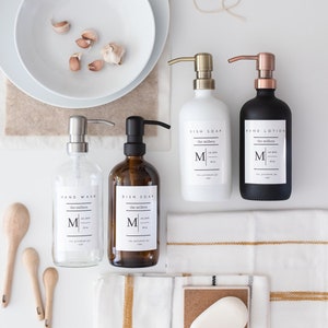 Glass Bottle | Amber or Clear  Bottle Soap Dispenser | Hand Wash/Dish Soap/Hand Lotion | Monogram Collection | Metal Pump |Housewarming Gift