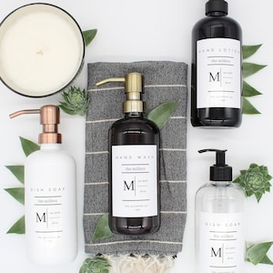 Plastic Bottle | Amber/Clear/White/Black Bottle Soap Dispenser | Hand Wash/Dish Soap/Hand Lotion | Monogram Collection |  Metal Pump