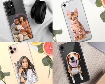 Custom Pet Portrait Phone Case, Personalized Dog iPhone Case, Custom Cat Drawing, iPhone 13 12 11 Pro Max mini 8 Plus XR Galaxy Clear Cases