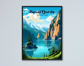 Kenai Fjords Illustration Poster | National Park Travel Art Print | Alaska Matte Polished Print Gift | USA Home Wall Hanging Gift Idea