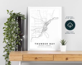 Impression de carte moderne de Thunder Bay (Ontario) - décoration d'intérieur contemporaine à accrocher au mur, affiche en noir et blanc - fichier numérique en téléchargement immédiat