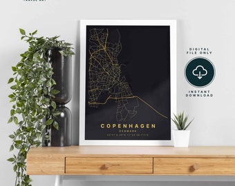 Copenhagen Denmark Map Print - Minimalist Black and Gold Modern Home Decor Wall Art Poster Gift Idea - Digital File Instant Download