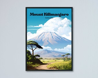 Mount Kilimanjaro Adventure Travel Poster | Framed Tanzania Matte Wall Art Gift | Mount Kilimanjaro USA Illustration Travel Gift Decor