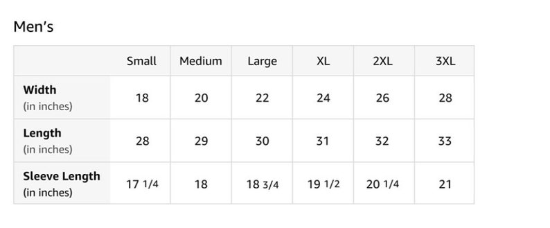 Puede incluir: Tabla de tallas para ropa con medidas en pulgadas para ancho, largo y largo de manga. Las tallas incluyen peque&ntilde;a, mediana, grande, XL, 2XL y 3XL.