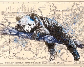 Black Bear Watercolor Map Print, Great Smoky Mountains Art