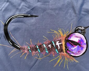 Bottom Feeder garment dyed Denin color 100% cotton tee with 10 color custom screen printed art of Nymph [fly fishing] fly on the back.