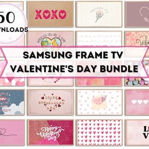 Könnte beinhalten: Ein digitales Download-Paket mit 50 Valentinstag-Bildern für Samsung Frame TV. Die Bilder zeigen Herzen, Blumen und romantische Sprüche wie "XOXO" und "Ich liebe dich bis zum Mond und zurück".