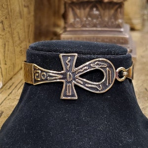 Vintage Gold Ankh with Hieroglyphic Engraving Bangle - Handmade in Egypt - Solid Brass