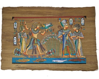 Fine Handmade Egyptian Glowing Papyrus of King Tut on Nile River Size 12x16 " 