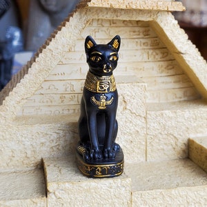 Vintage Bastet Mini Statue - Ancient Egyptian Cat Goddess Figurine Bast with Hieroglyphic Base & Wadjet - Altar Statue