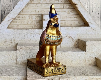 Vintage Golden Horus Mini Statue - Ancient Egyptian God Horus with Hieroglyphic Base - Altar Statue