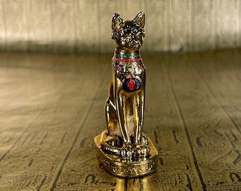 Vintage Gold Bastet Mini Statue - Egyptian Cat Goddess Bastet - Solid Pewter Miniature Figurine
