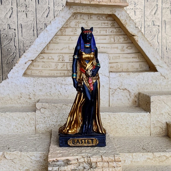 Vintage Bastet Mini Statue - Small Hand-Painted Ancient Egyptian Cat Goddess Bastet with Ankh & Hieroglyphic Base - 3.5''/9 cm tall!