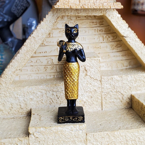 Vintage Cat Goddess Bastet Mini Statue - Small Hand-Painted Ancient Egyptian Goddess Bastet with Ankh & Hieroglyphic Base - 3.2''/8cm tall!