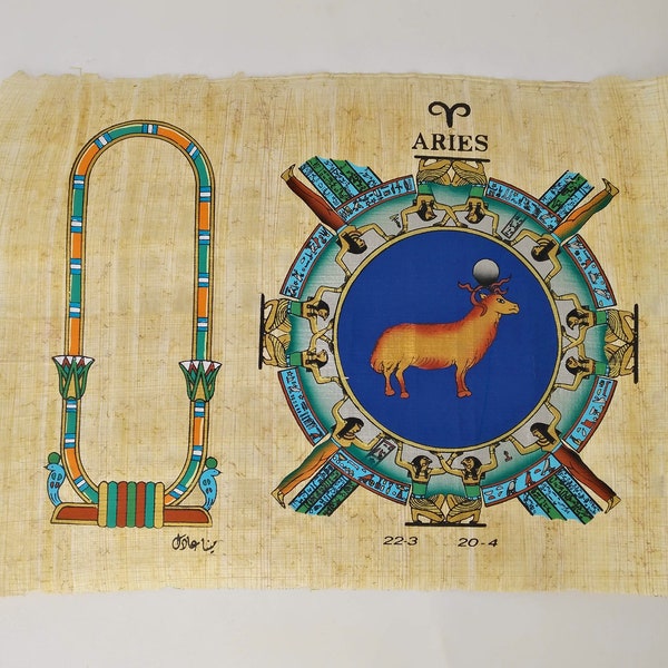 Personalizable Egipcio Zodiac Aries Papyrus - Pintamos tu nombre en Jeroglíficos! Astrología egipcia del templo Dendera - 20x30cm