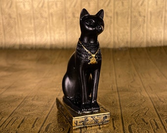 Vintage Bastet Mini Statue - Ancient Egyptian Cat Goddess Figurine Bastet with Hieroglyphic Base & Wadjet - Altar Statue