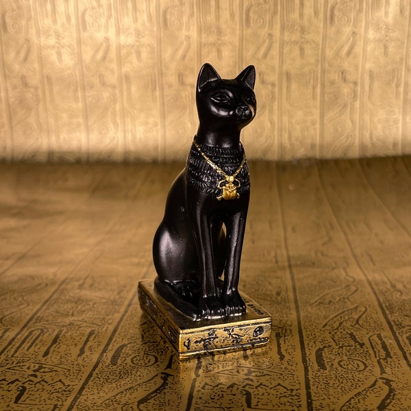 Vintage Bastet Mini Statue - Ancient Egyptian Cat Goddess Figurine Bastet with Hieroglyphic Base & Wadjet - Altar Statue