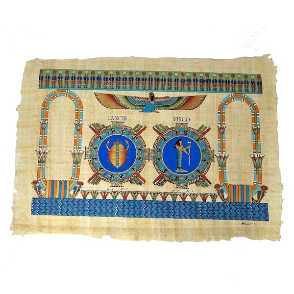 Papiro del Zodíaco Egipcio personalizable - ¡Pintamos tus nombres en Jeroglíficos! Regalo para parejas - Cáncer & Virgo - Signos del Horóscopo - 30x40cm