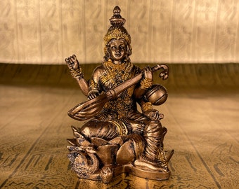 Vintage Saraswati Mini Statue - Small Goddess of Knowledge, Music, Arts, Speech, Wisdom & Learning