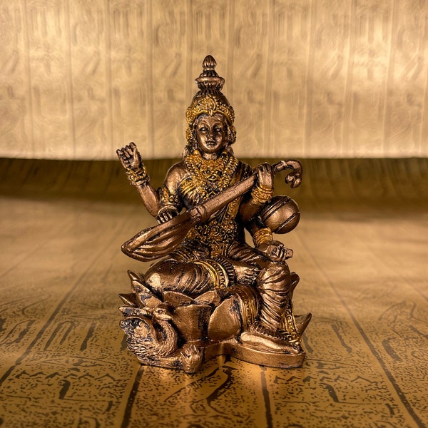 Vintage Saraswati Mini Statue - Small Goddess of Knowledge, Music, Arts, Speech, Wisdom & Learning