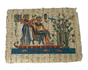 King Tutankamun accompanied by Queen Ankhesenamun on Nile Boat Papyrus Painting - Made in Egypt - 30x40cm