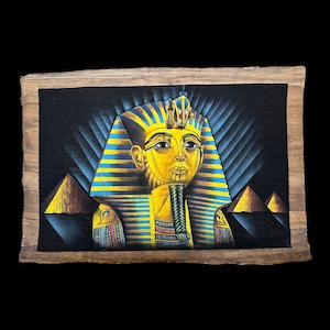 King Tutankhamun - The Mask of King Tutankhamun Above the Pyramids of Giza -Limited Edition Papyrus - 100x70cm