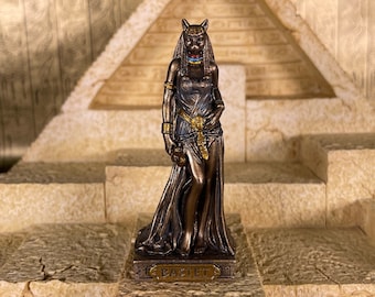 Vintage Bastet Statue - Small Hand-Painted Ancient Egyptian Cat Goddess Bastet with Ankh & Hieroglyphic Base - 3.5''/9 cm tall!