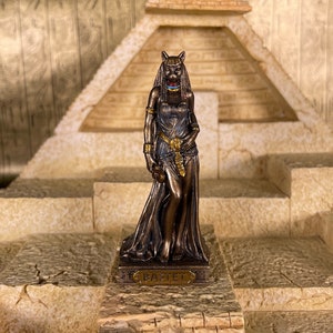 Vintage Bastet Statue - Small Hand-Painted Ancient Egyptian Cat Goddess Bastet with Ankh & Hieroglyphic Base - 3.5&#39;&#39;/9 cm tall!