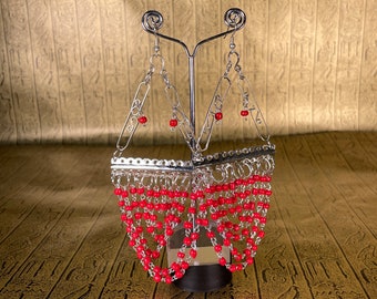 Vintage Egyptian Beaded Earrings - Handmade in Egypt - Red & Silver