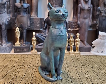 Vintage Bastet Statue - Ancient Egyptian Goddess Bastet Sacred Ankh - Cast Resin Statue with Beautiful Bronze Finish