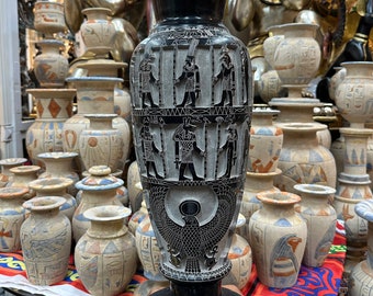 Egyptian Sacred Pantheon Vase - Handmade in Egypt - Heavy Solid Basalt Stone Vase with Egyptian God's & Goddesses