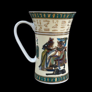 Vintage Fathi Mahmoud Porcelain Mug With King Tut and Queen Ankhesenamun - Made in Egypt - 18k Gold Finish - Drinkware - Fine Porcelain Mug