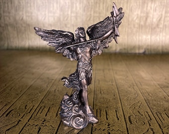 Vintage Archangel Remiel with Sword and Lightning Statue - Small Hand-Crafted Christian Mini Altar Statue - 4''/10cm tall