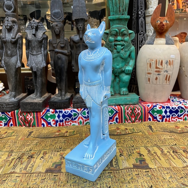 Bastet Statue - Statue Handmade in Egypt - Ancient Egyptian Cat Goddess Bastet with Cartouche