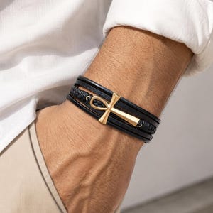 Ankh Bracelet - Woven Leather Egyptian Ankh Mens - Magnetic Clasp