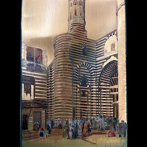 May include: A detailed illustration of a mosque in Cairo, Egypt, with a minaret and intricate striped architecture. The scene depicts a bustling marketplace with people in traditional clothing.