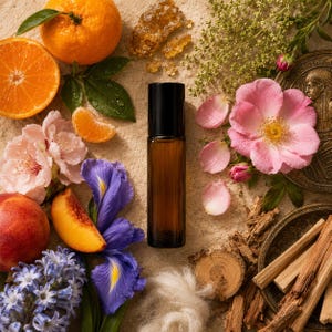 May include: A cylindrical amber glass roller bottle with a black cap, surrounded by fresh orange slices, a peach, pink rose blossoms, purple iris flowers, blue hyacinth, raw honey, wood sticks, and a metallic coin with an embossed profile.
