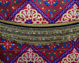 Pañuelo de cadera para danza del vientre estilo egipcio vintage: cinturón de monedas de terciopelo negro para danza del vientre con banda de lentejuelas brillantes y más de 300 monedas.