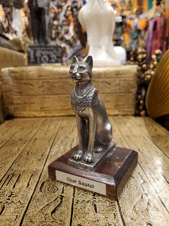 Vintage Pewter Bastet Statue on Wood Base - Solid Pewter Hand-cast